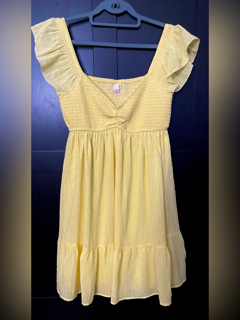 4 Hearts ~ Yellow Smocked Mini Dress with Ruffled Cap Sleeves - Jrs. Large
